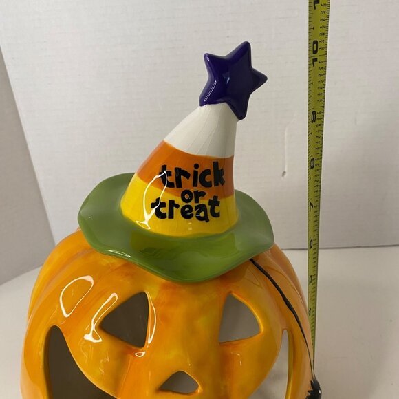 Ceramic Pumpkin Halloween Decor Witch Hat 10" Trick Or Treat Candy Holder Votive - Picture 5 of 6
